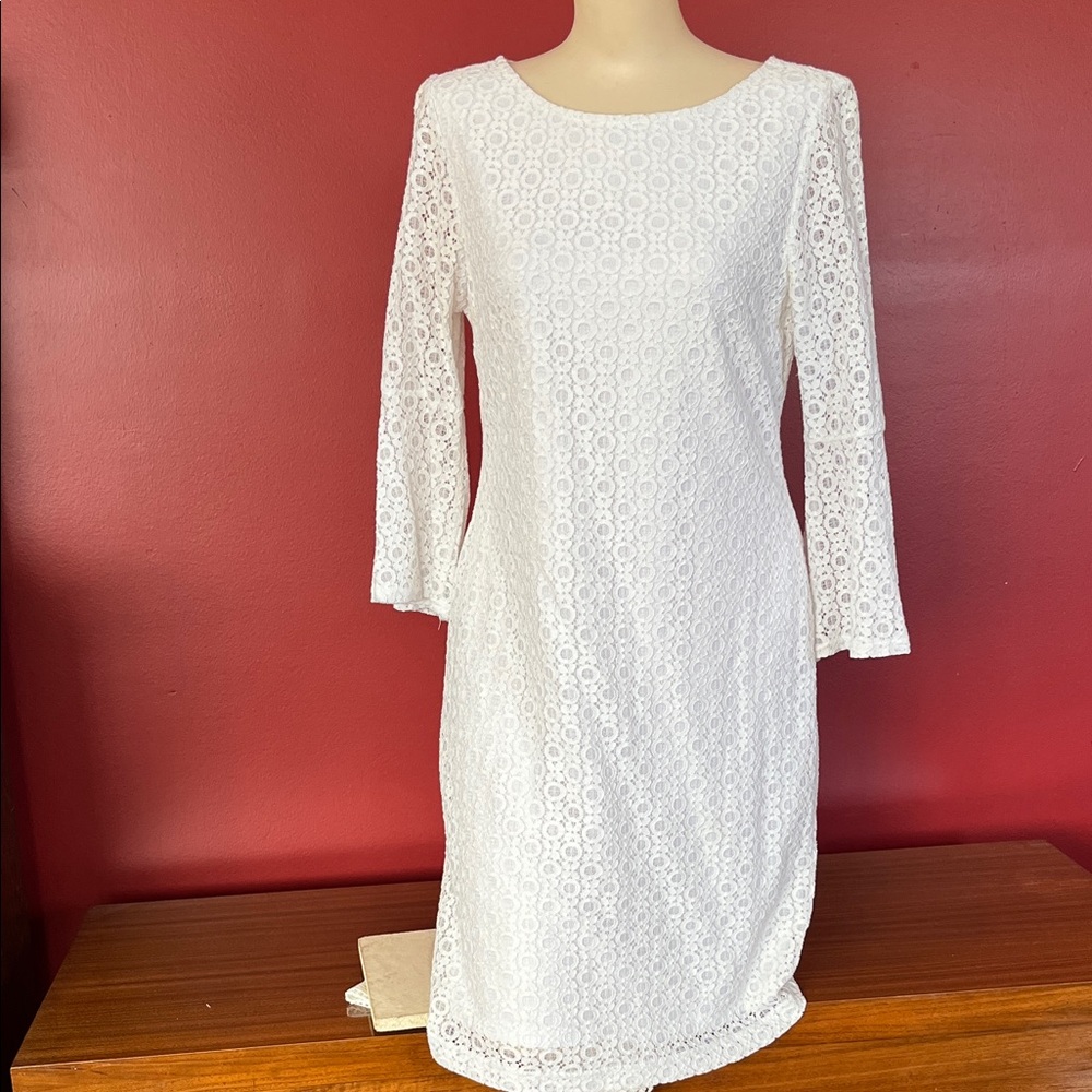 Like new Sharagano Elegant White lace Dress with bell sleeves